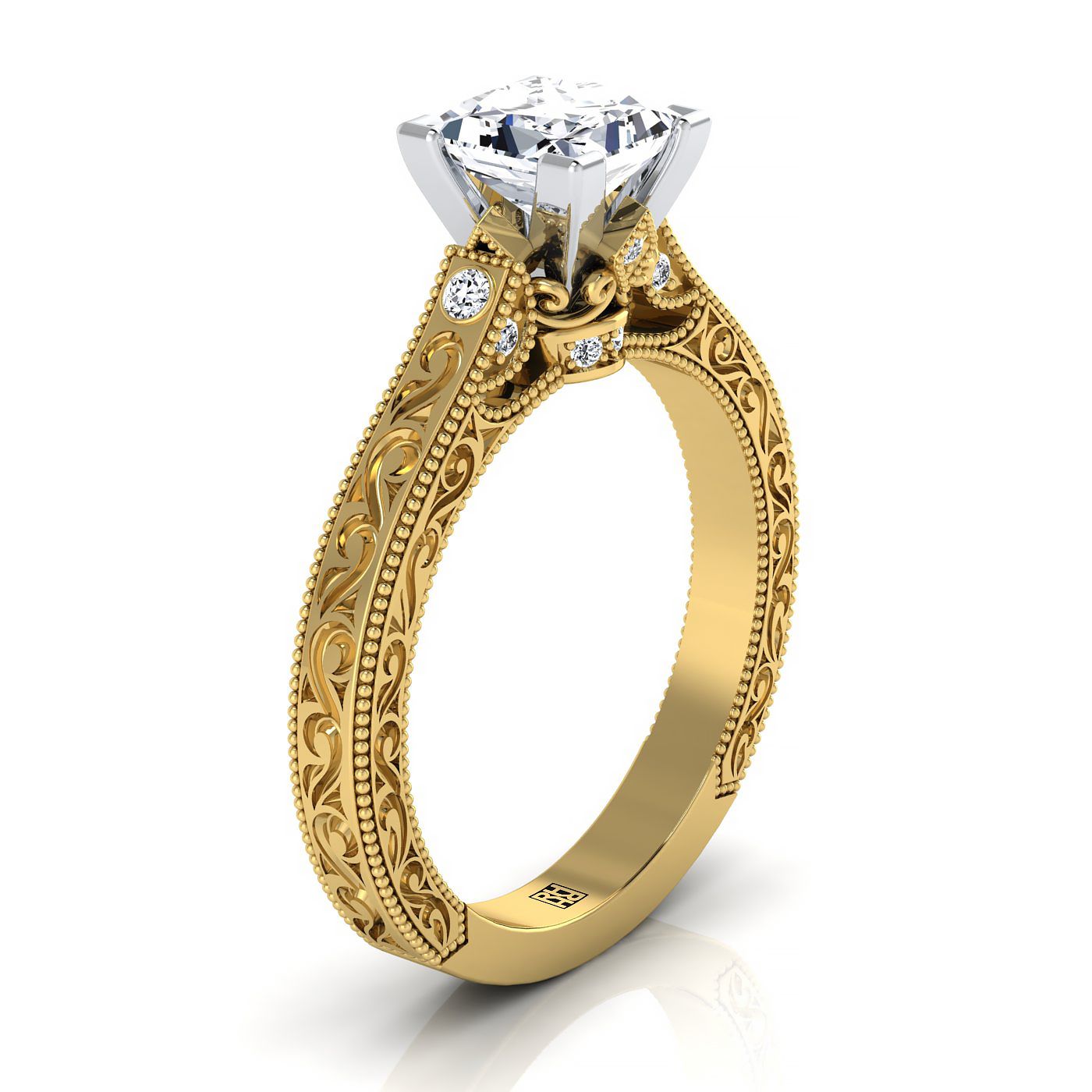 Antique Hand-Engraved Solitaire Princess, in 18K Yellow Gold – side profile | RockHer