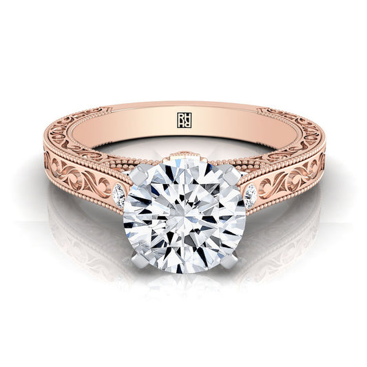 14K Rose Gold Round Brilliant Delicate Diamond Accented Antique Hand Engraved Engagement Ring -1/10ctw