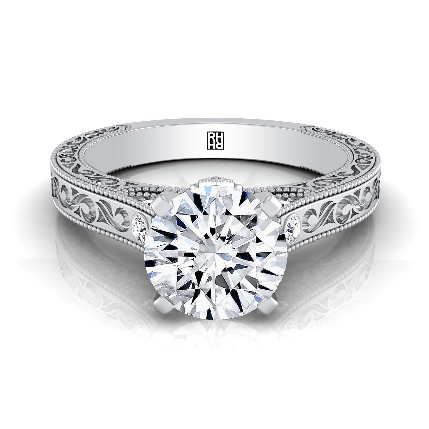 Round Brilliant, Antique Hand-Engraved Solitaire, in Platinum | RockHer