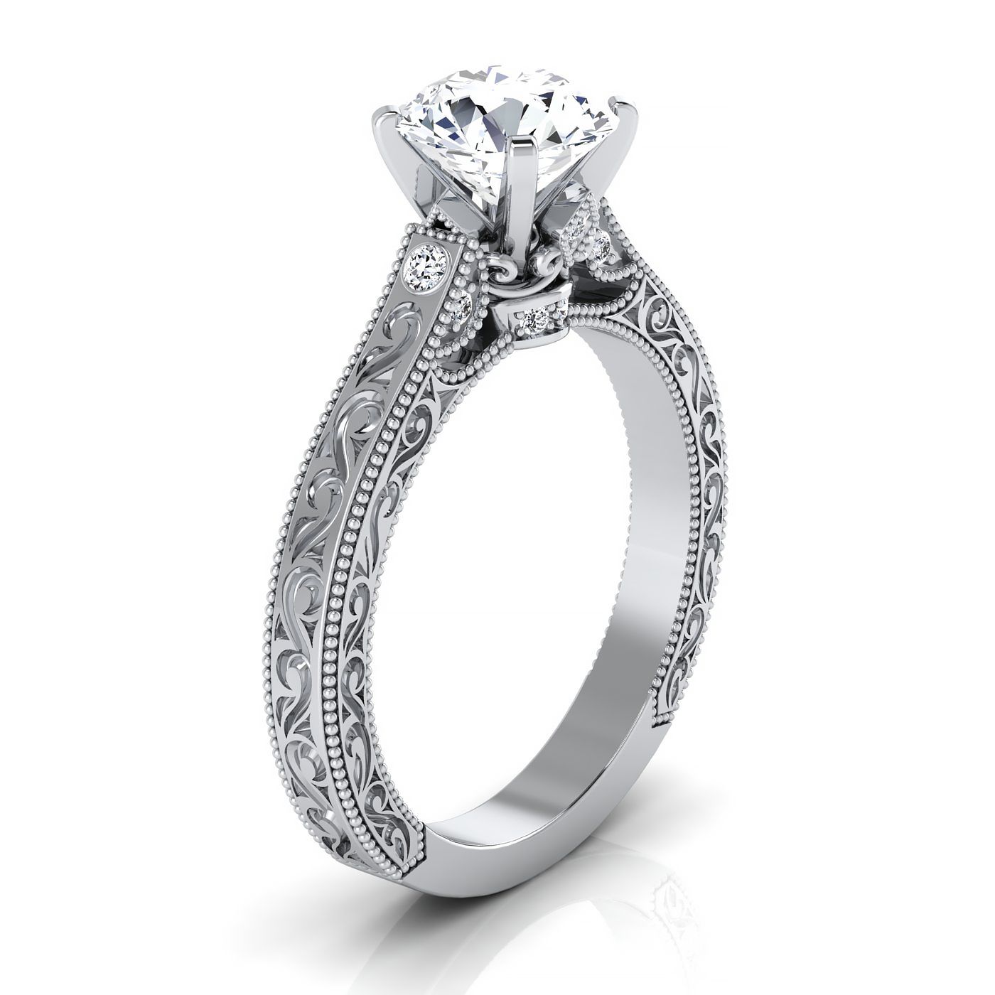 Round Brilliant, Antique Hand-Engraved Solitaire, in Platinum – side profile | RockHer
