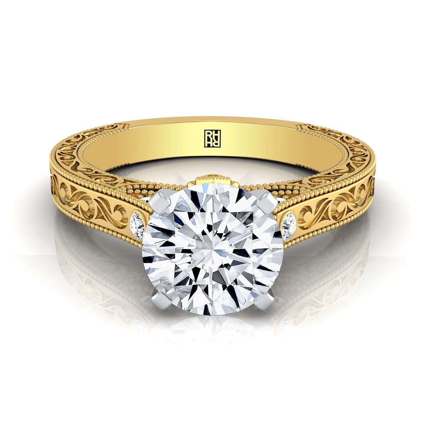 แหวนหมั้นแกะสลักด้วยมือโบราณประดับเพชรละเอียดทรงกลมเจียระไนแบบ Brilliant สีเหลืองทอง 18K - 1/10 กะรัตรวม