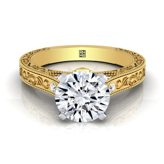 Round Brilliant, Antique Hand-Engraved Solitaire, in 18K Yellow Gold | RockHer