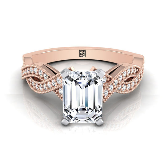 European Cut, Antique Beaded Milgrain Halo Emerald, in 14K Rose Gold, pave setting | RockHer