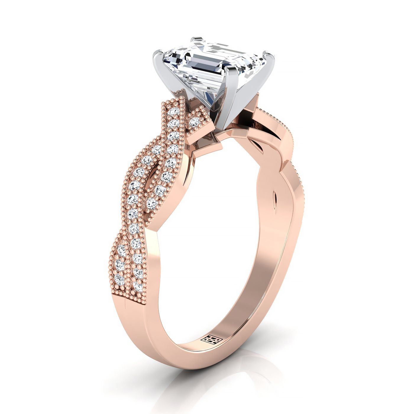 European Cut, Antique Beaded Milgrain Halo Emerald, in 14K Rose Gold, pave setting – side profile | RockHer