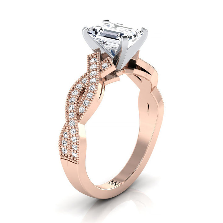 European Cut, Antique Beaded Milgrain Halo Emerald, in 14K Rose Gold, pave setting – side profile | RockHer