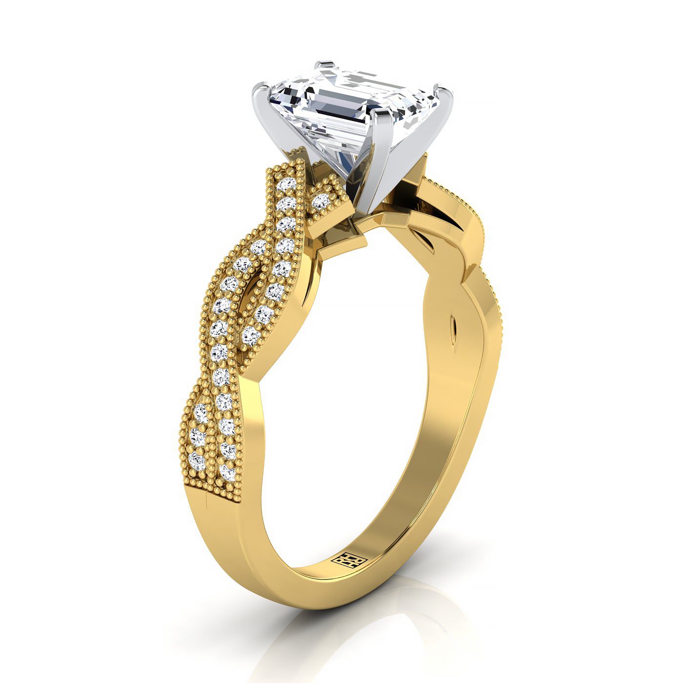 แหวนหมั้นทองคำเหลือง 14K ทรงมรกต ตัดแบบโบราณ บิดเกลียว เปิด ประดับด้วยเพชรเม็ดเล็กและฮาโล