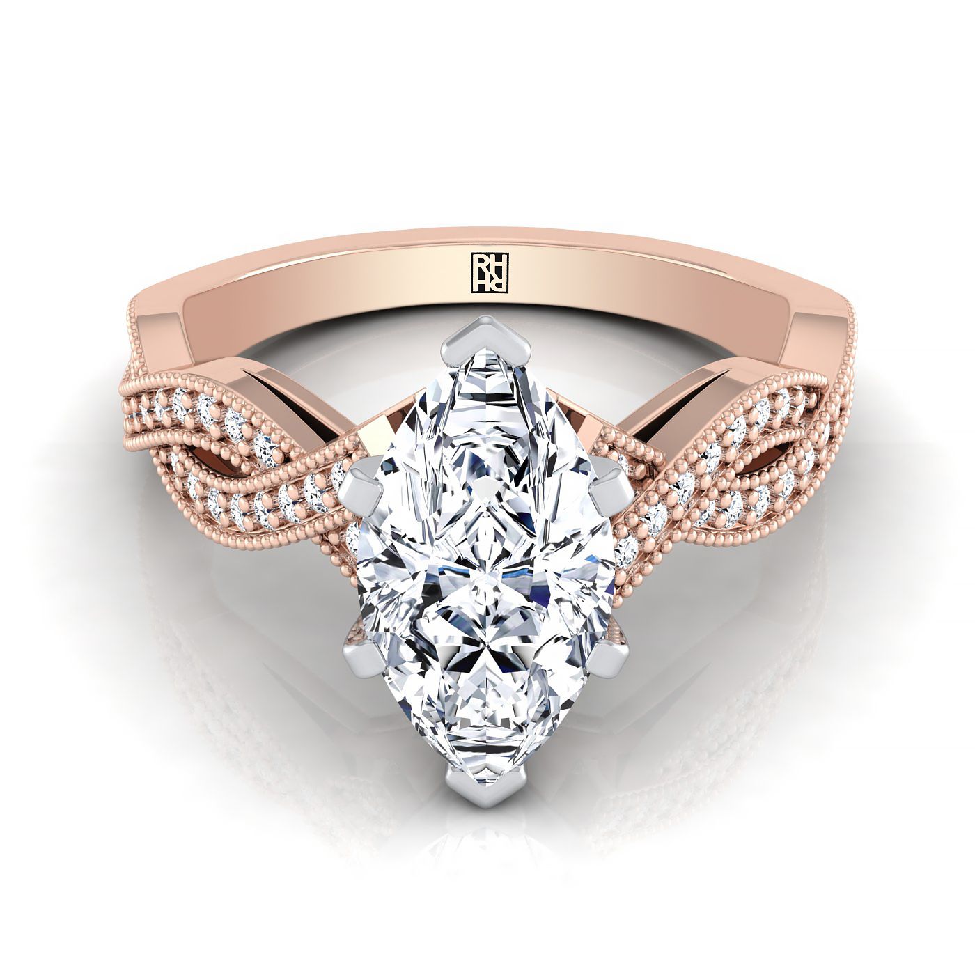 Antique Beaded Milgrain Halo Marquise, in 14K Rose Gold, pave setting | RockHer