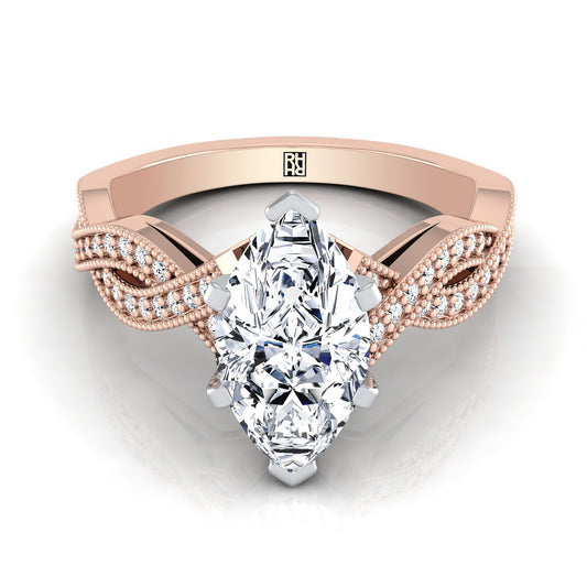 Antique Beaded Milgrain Halo Marquise, in 14K Rose Gold, pave setting | RockHer