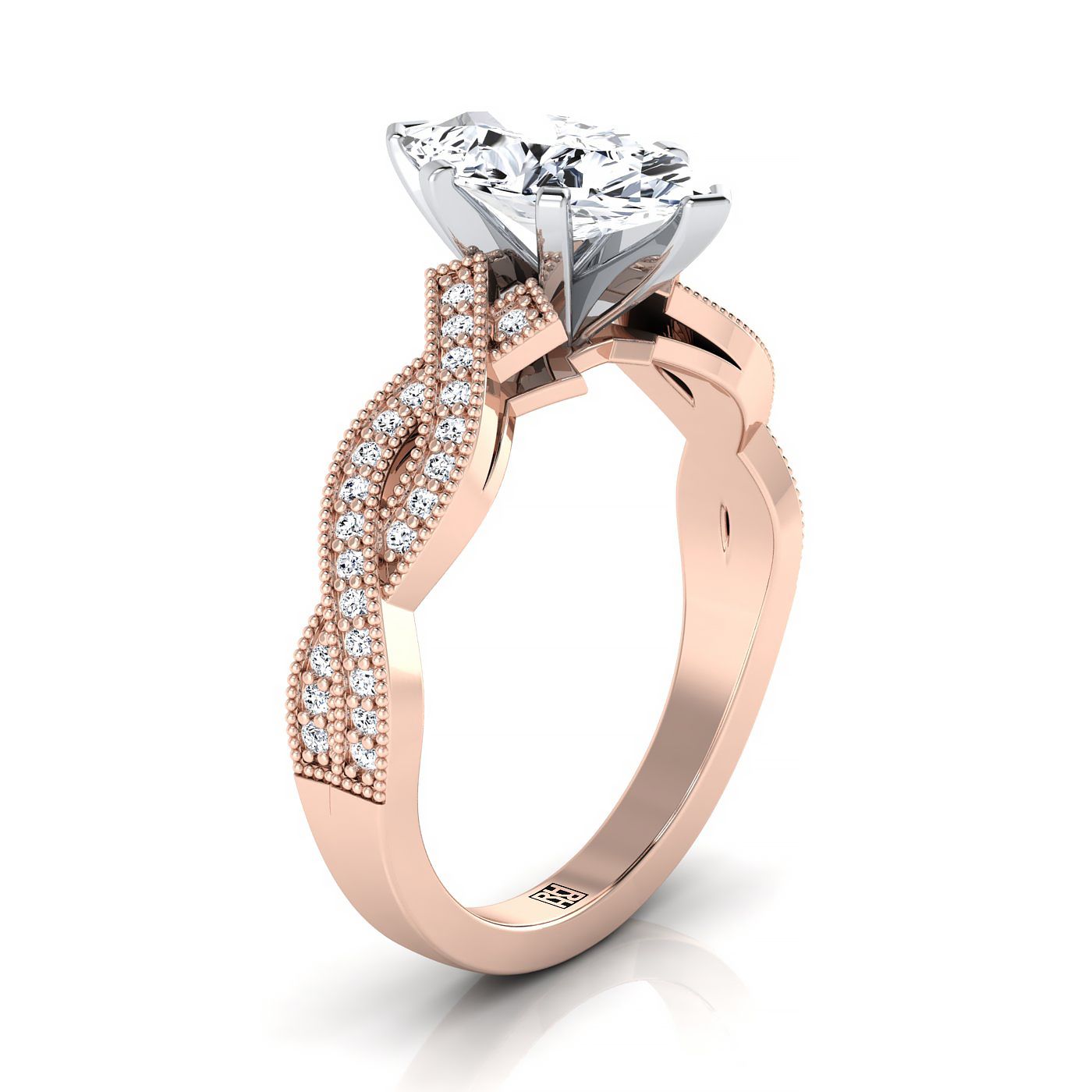 แหวนหมั้นเพชรฮาโลรูปมาร์คีสทองคำชมพู 14K แบบเก่า twist เปิดลูกปัด -1/5ctw