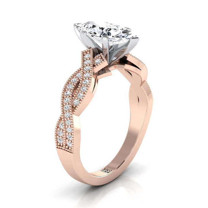 แหวนหมั้นเพชรฮาโลรูปมาร์คีสทองคำชมพู 14K แบบเก่า twist เปิดลูกปัด -1/5ctw