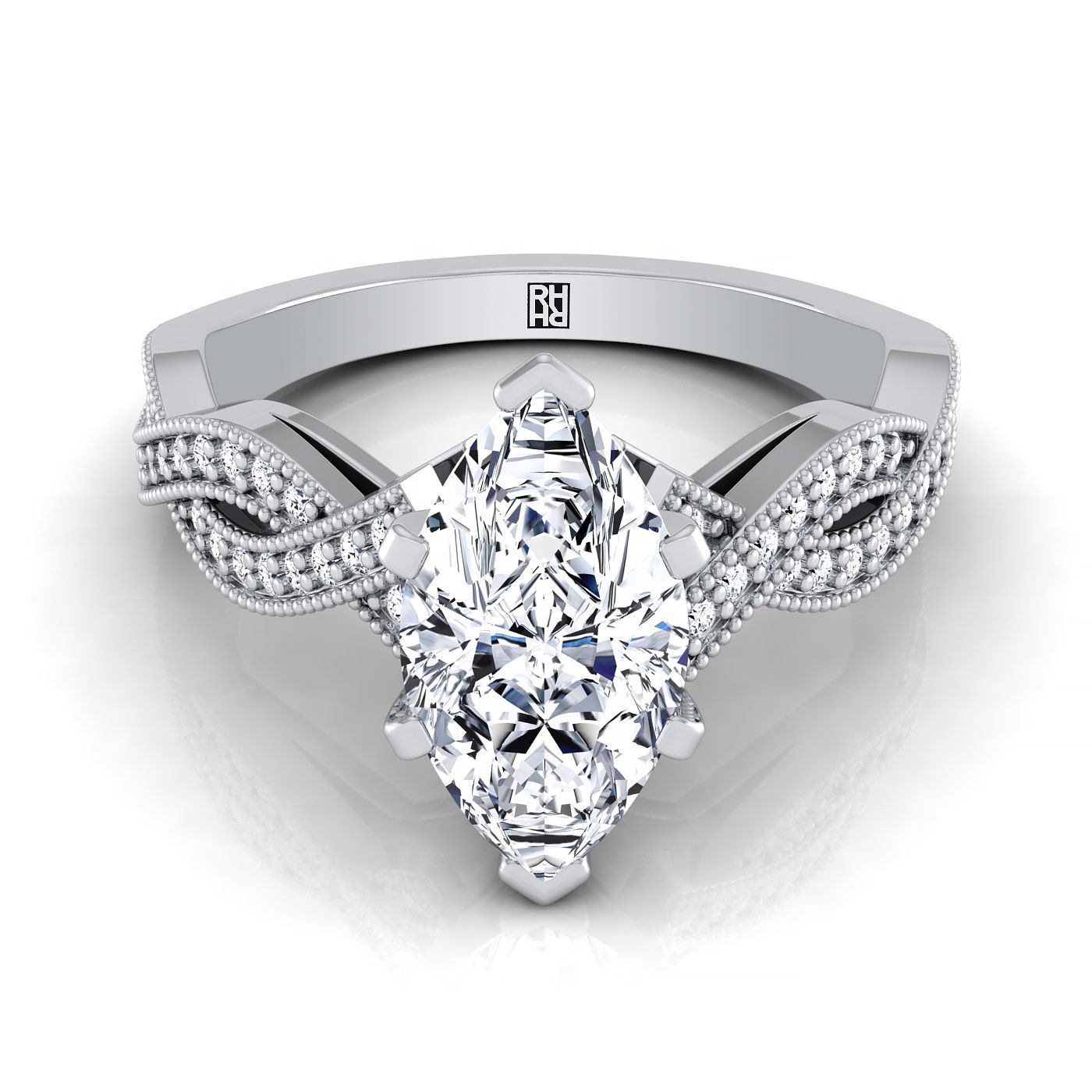 แหวนหมั้นเพชรฮาโลแบบบิดเปิดเม็ดลูกปัดโบราณทรงมาร์คีส์ทองคำขาว 14K - 1/5ctw