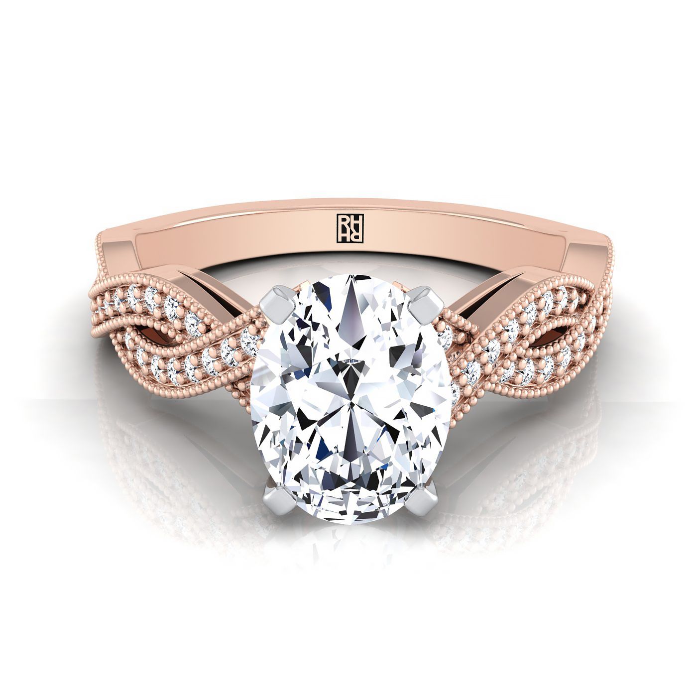 Antique Beaded Milgrain Halo Oval, in 14K Rose Gold, pave setting | RockHer
