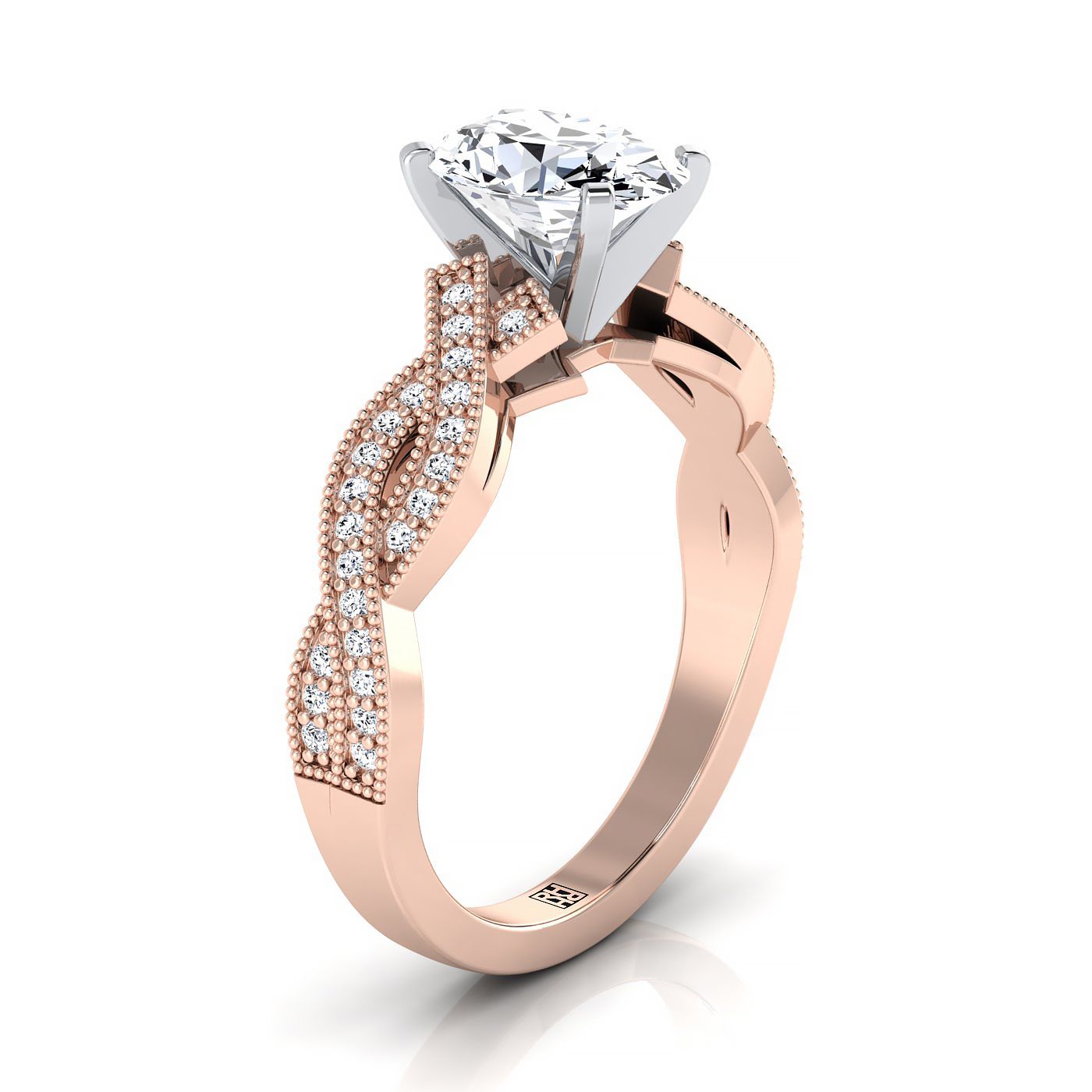 แหวนหมั้นเพชรฮาโลแบบไข่บิดเก่าเม็ดเปิดทองกุหลาบ 14K - 1/5 กะรัตรวม