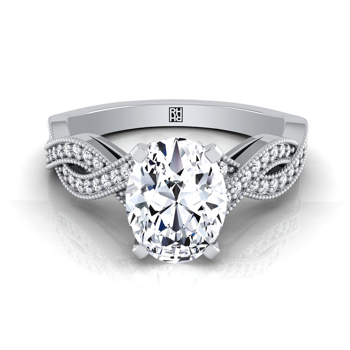 แหวนหมั้นเพชรฮาโลแบบไขว้โบราณรูปวงรีทองคำขาว 14K ประดับเม็ดลูกปัดเปิด - 1/5 กะรัตรวม