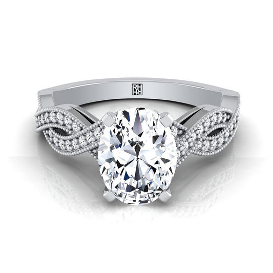 แหวนหมั้นเพชรฮาโลแบบไขว้โบราณรูปวงรีทองคำขาว 14K ประดับเม็ดลูกปัดเปิด - 1/5 กะรัตรวม