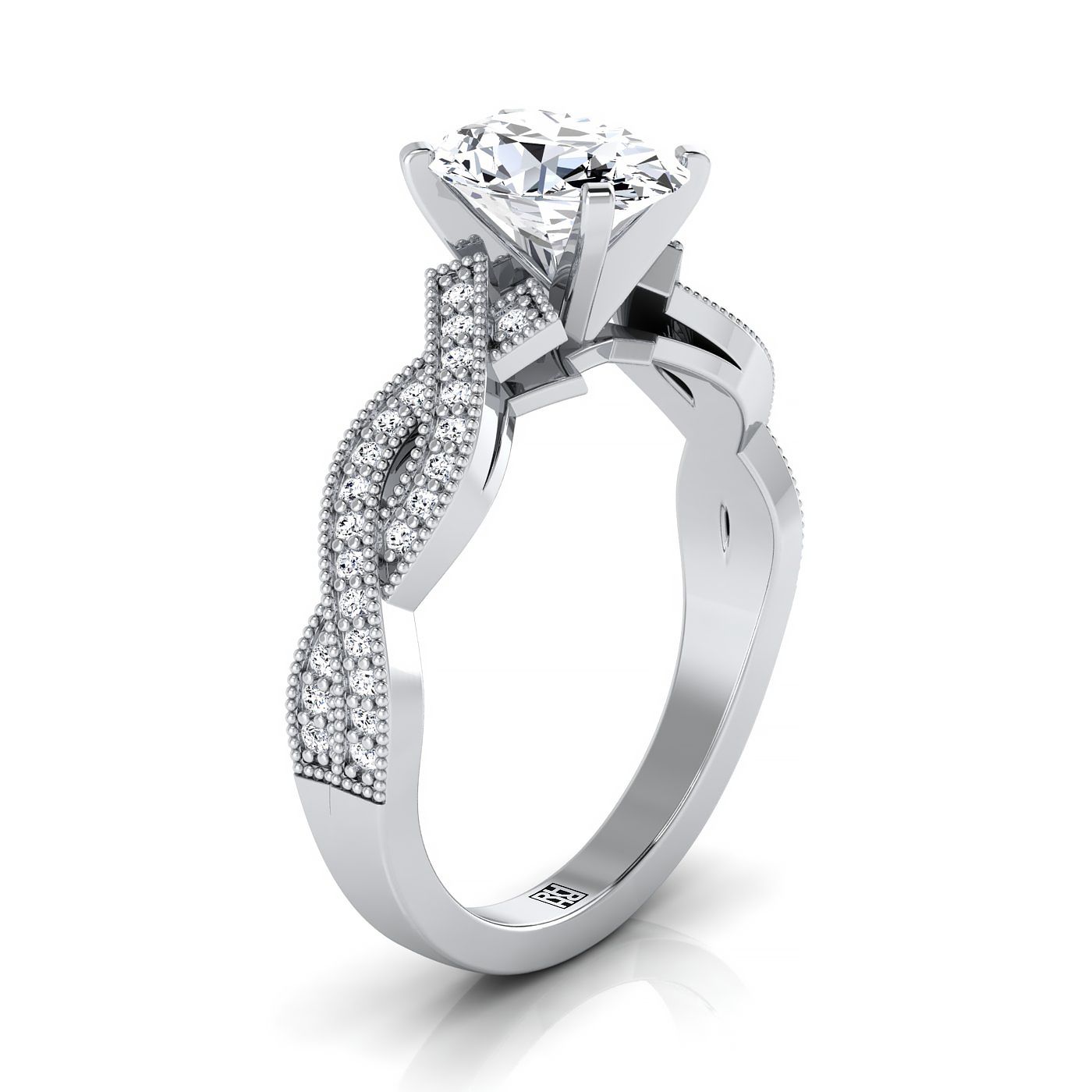 แหวนหมั้นเพชรฮาโลแบบไขว้โบราณรูปวงรีทองคำขาว 14K ประดับเม็ดลูกปัดเปิด - 1/5 กะรัตรวม