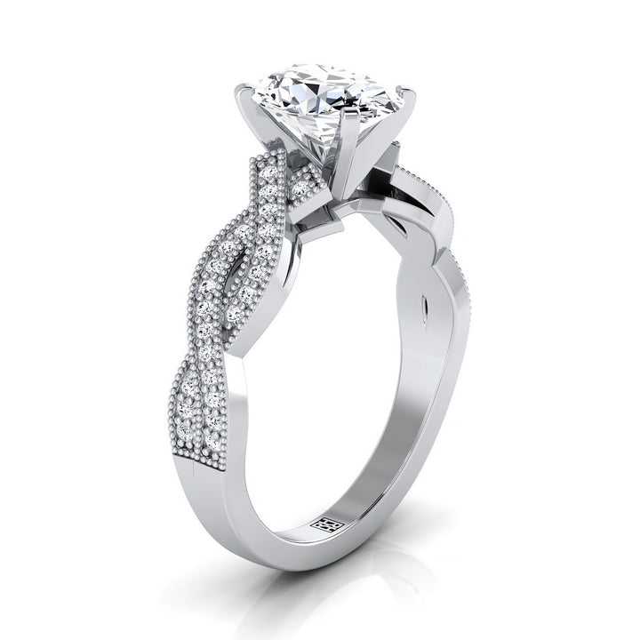 แหวนหมั้นเพชรฮาโลแบบไขว้โบราณรูปวงรีทองคำขาว 14K ประดับเม็ดลูกปัดเปิด - 1/5 กะรัตรวม