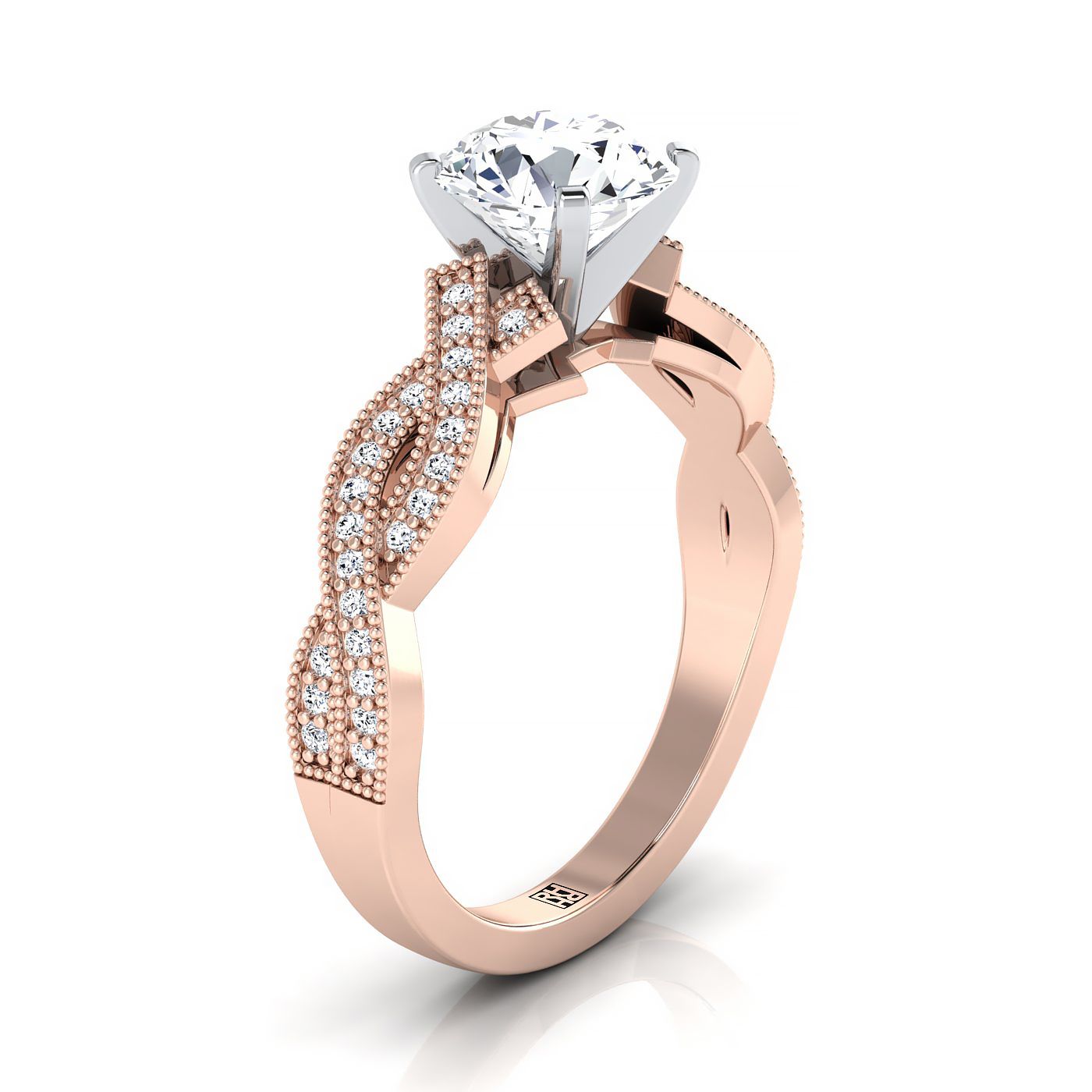 Round Brilliant, Antique Beaded Milgrain Halo, in 14K Rose Gold, pave setting – side profile | RockHer