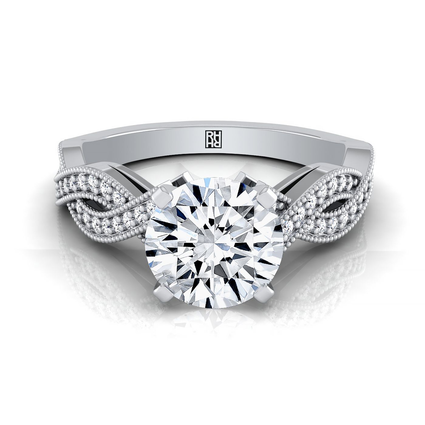 แหวนหมั้นเพชรทรงกลมเจียระไนแบบโบราณบิดเปิดประดับเม็ดลูกปัดทองคำขาว 14K พร้อมฮาโลเพชรน้ำหนักรวม 1/5 กะรัต