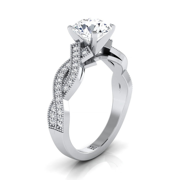 แหวนหมั้นเพชรทรงกลมเจียระไนแบบโบราณบิดเปิดประดับเม็ดลูกปัดทองคำขาว 14K พร้อมฮาโลเพชรน้ำหนักรวม 1/5 กะรัต