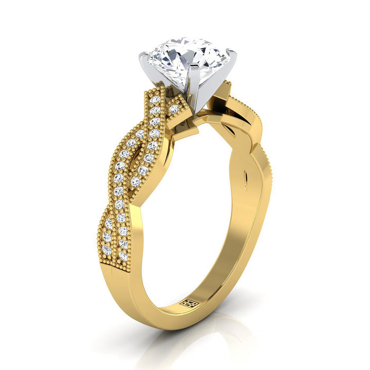 14K Yellow Gold Round Brilliant Antique Twisted Open Beaded Diamond Halo Engagement Ring -1/5ctw