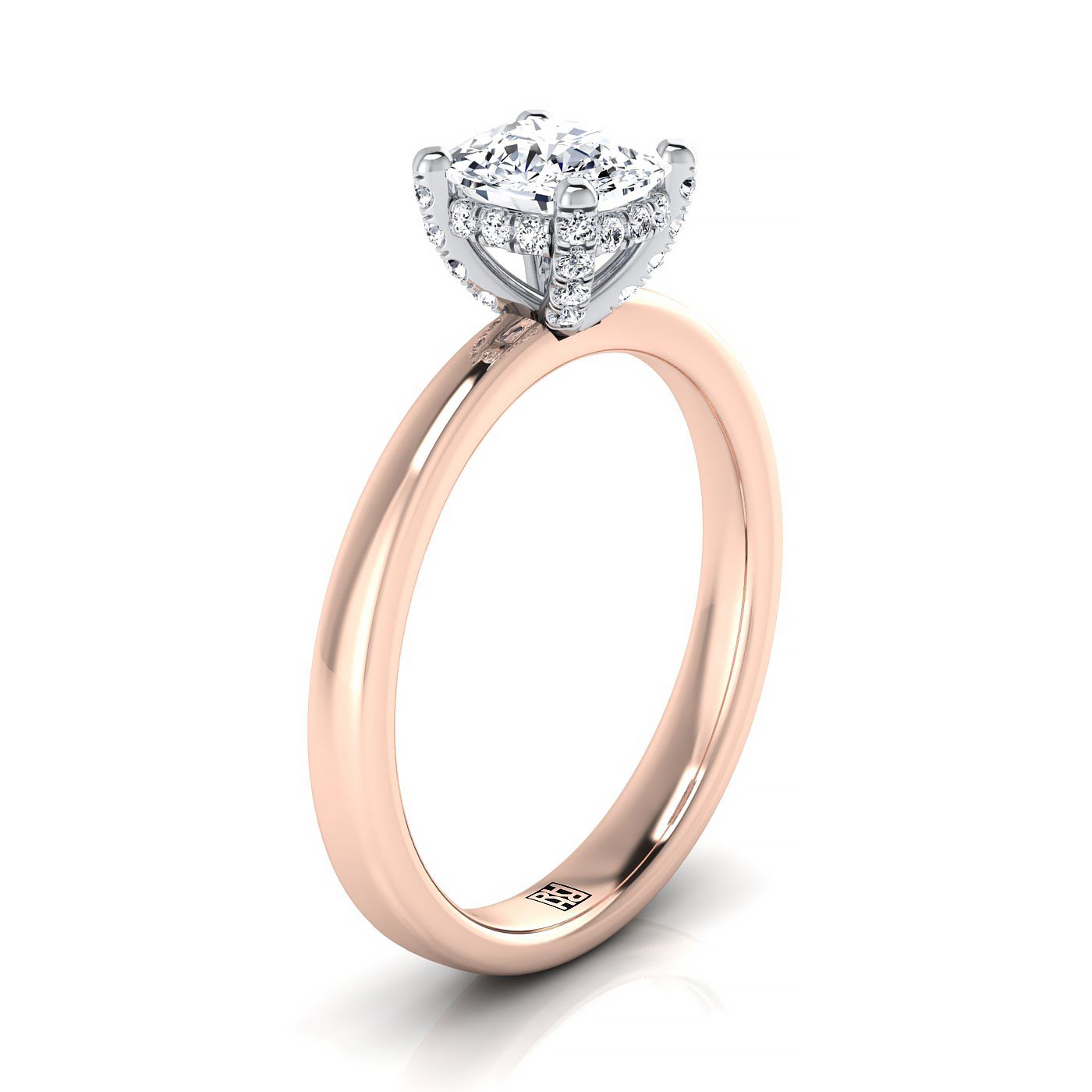 Hidden Pavé Basket Crown Solitaire Cushion, in 14K Rose Gold, prong setting – view 9 | RockHer