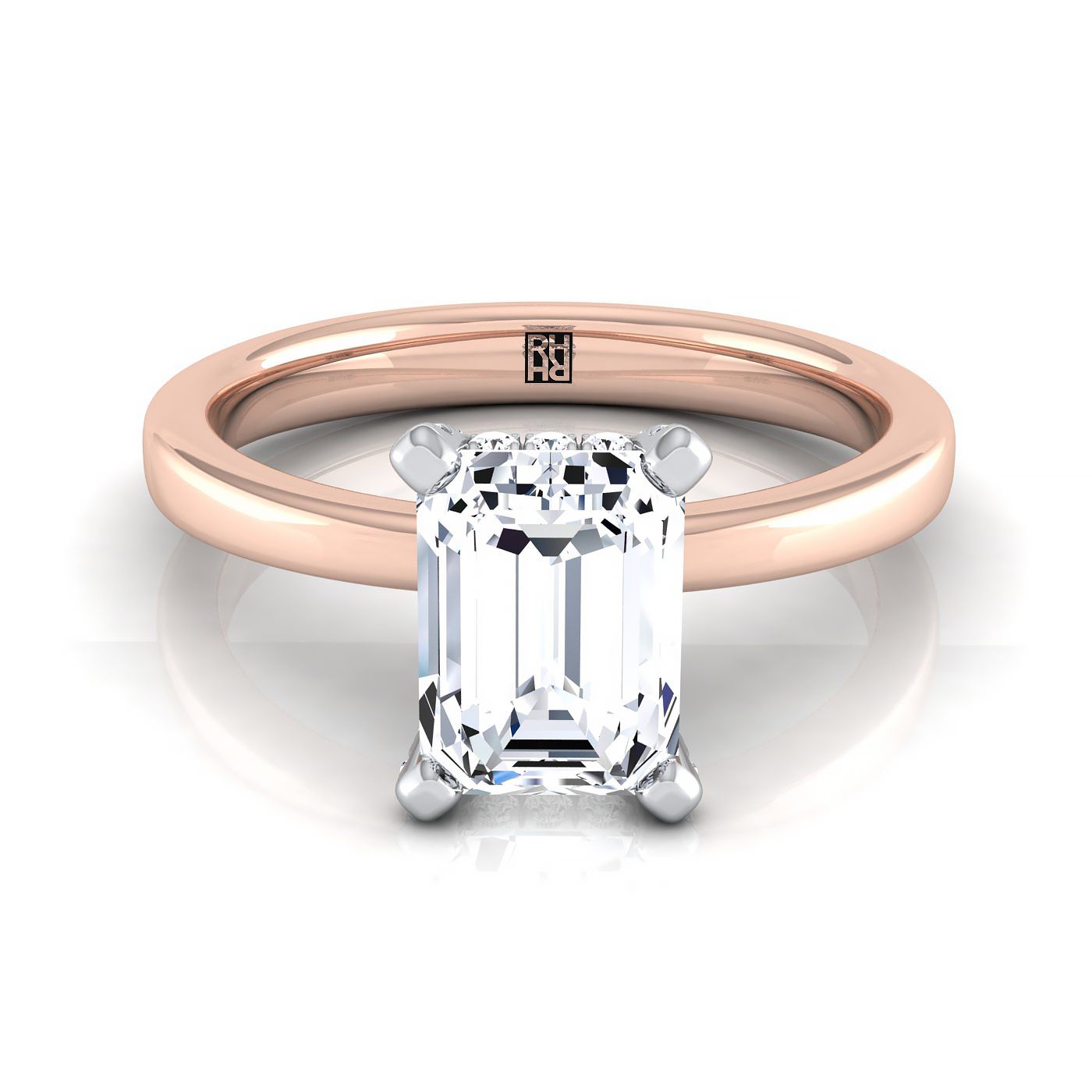 European Cut, Hidden Pavé Basket Crown Solitaire Emerald, in 14K Rose Gold, prong setting | RockHer
