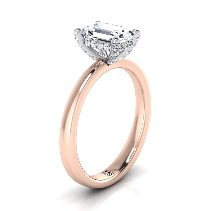 European Cut, Hidden Pavé Basket Crown Solitaire Emerald, in 14K Rose Gold, prong setting – side profile | RockHer