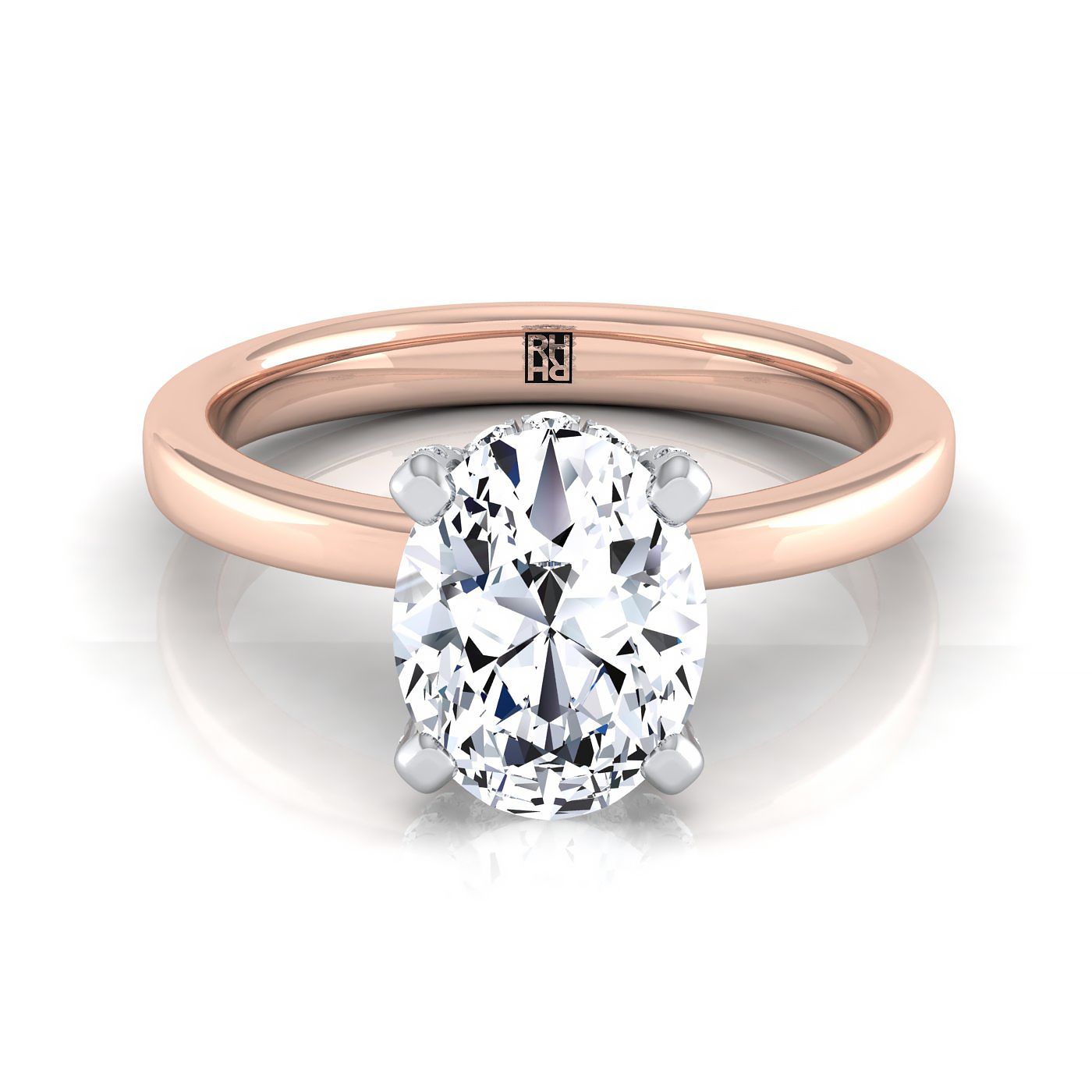 Hidden Pavé Basket Crown Solitaire Oval, in 14K Rose Gold, prong setting | RockHer
