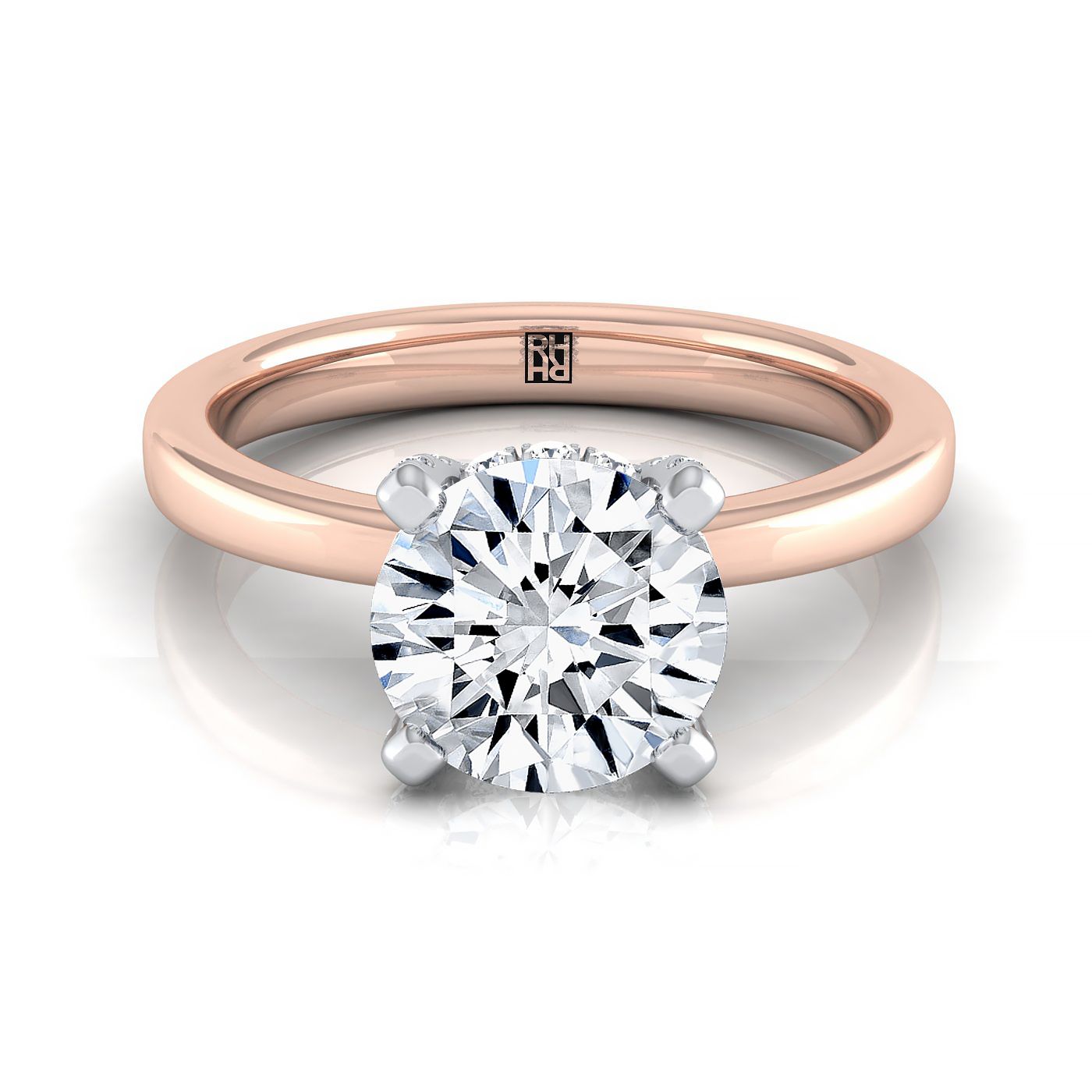 Round Brilliant, Hidden Pavé Basket Crown Solitaire, in 14K Rose Gold, prong setting | RockHer