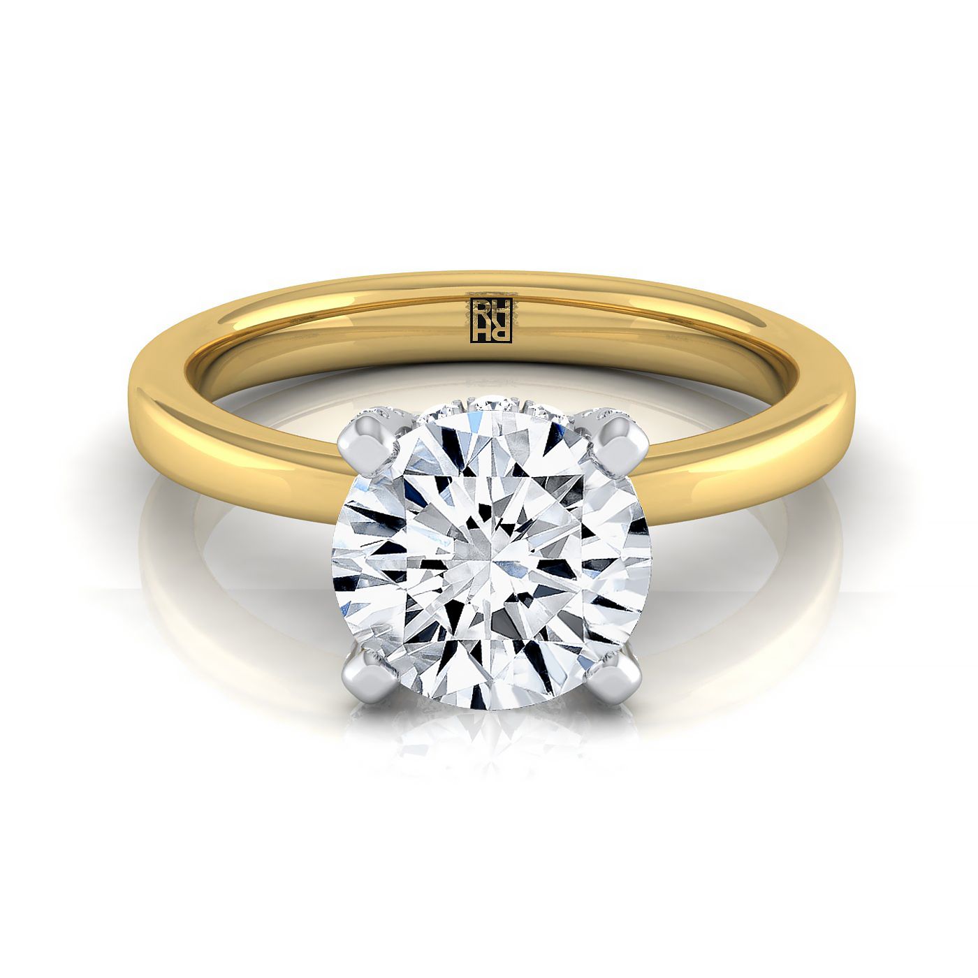 18K Yellow Gold Round Brilliant Diamond Hidden Pave Basket Crown Solitaire Engagement Ring -1/10ctw