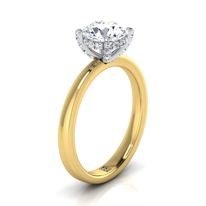 18K Yellow Gold Round Brilliant Diamond Hidden Pave Basket Crown Solitaire Engagement Ring -1/10ctw