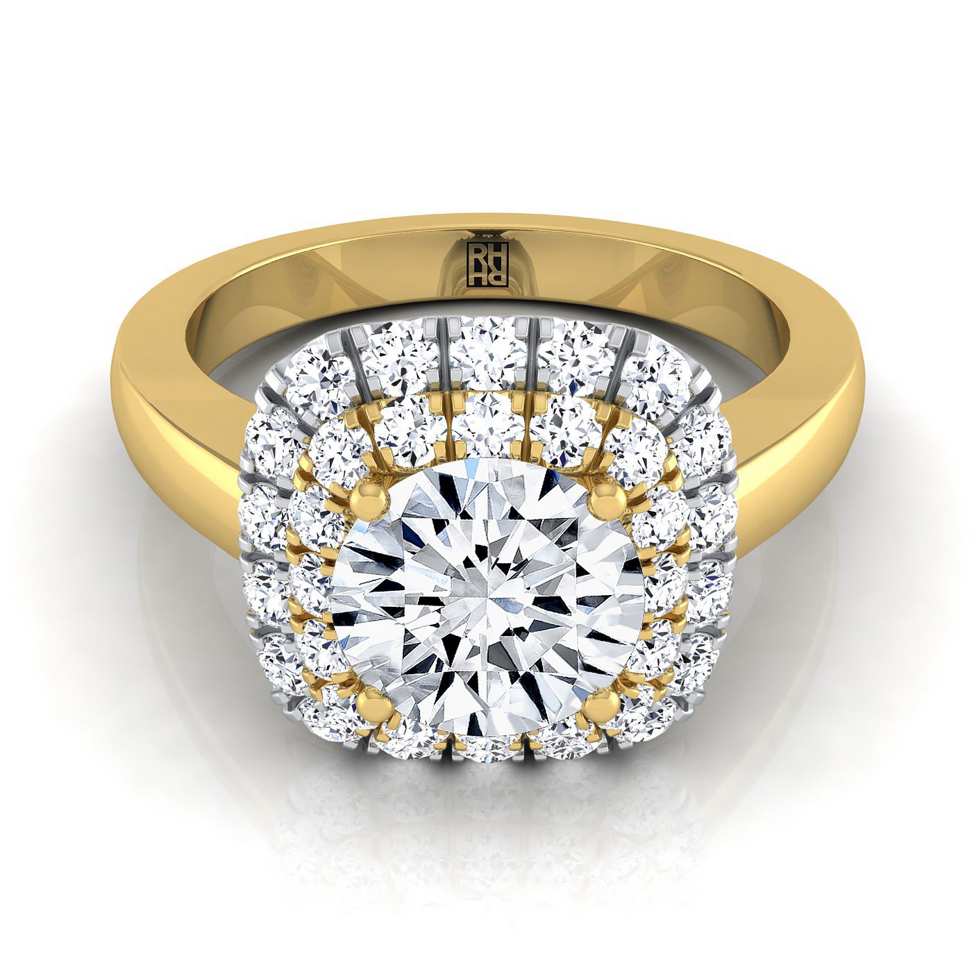14K Yellow Gold Round Brilliant Diamond Stair Step Double Halo Engagement Ring -5/8ctw