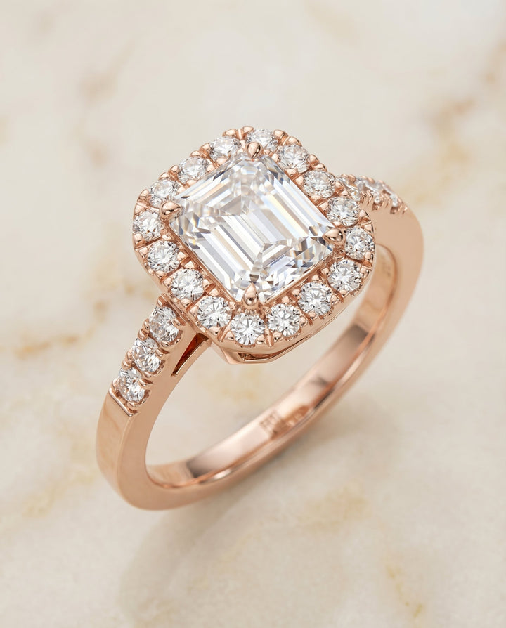 European Cut, East West Horizontal Halo Emerald, in 14K Rose Gold – angled view | RockHer