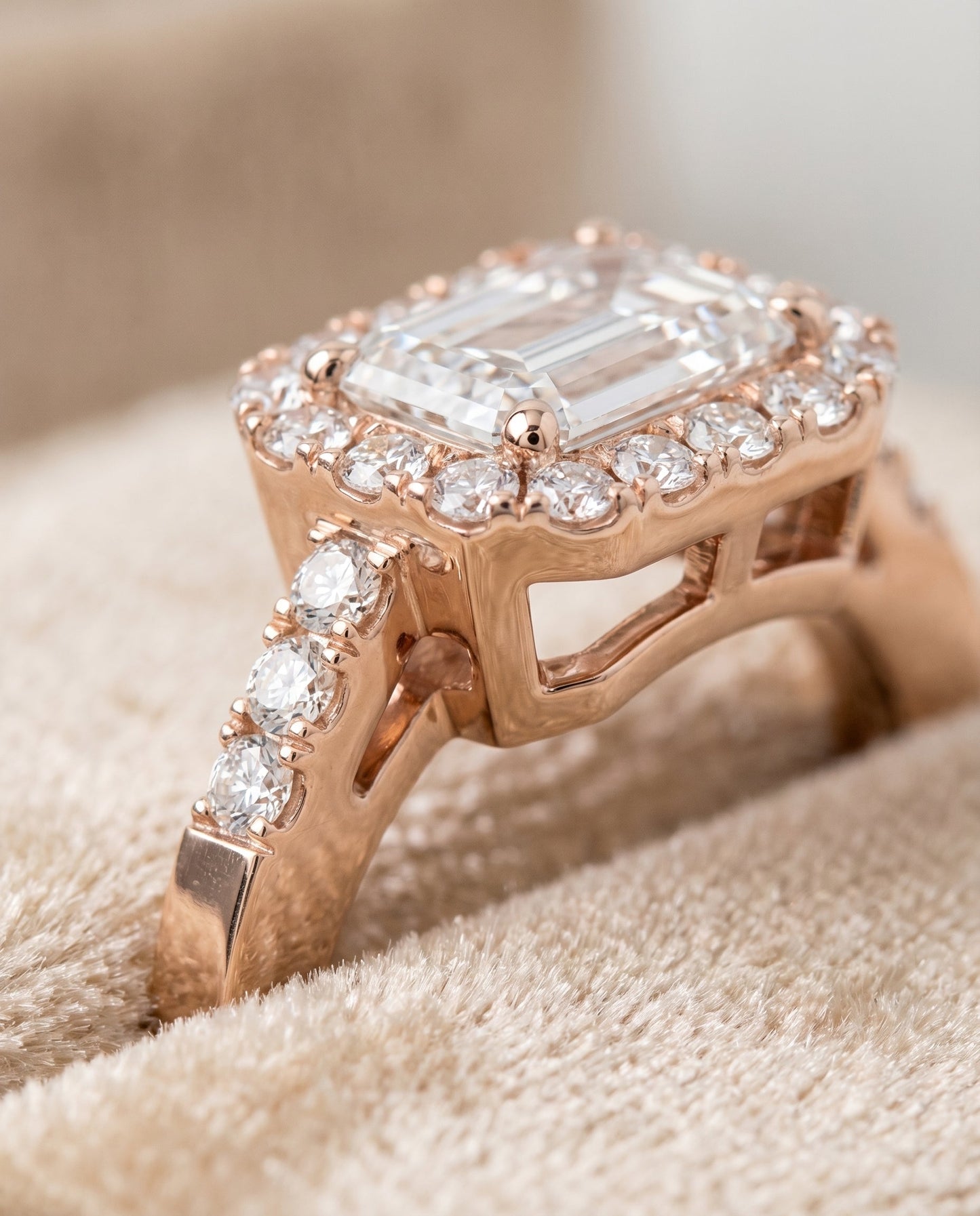 European Cut, East West Horizontal Halo Emerald, in 14K Rose Gold – detail view | RockHer