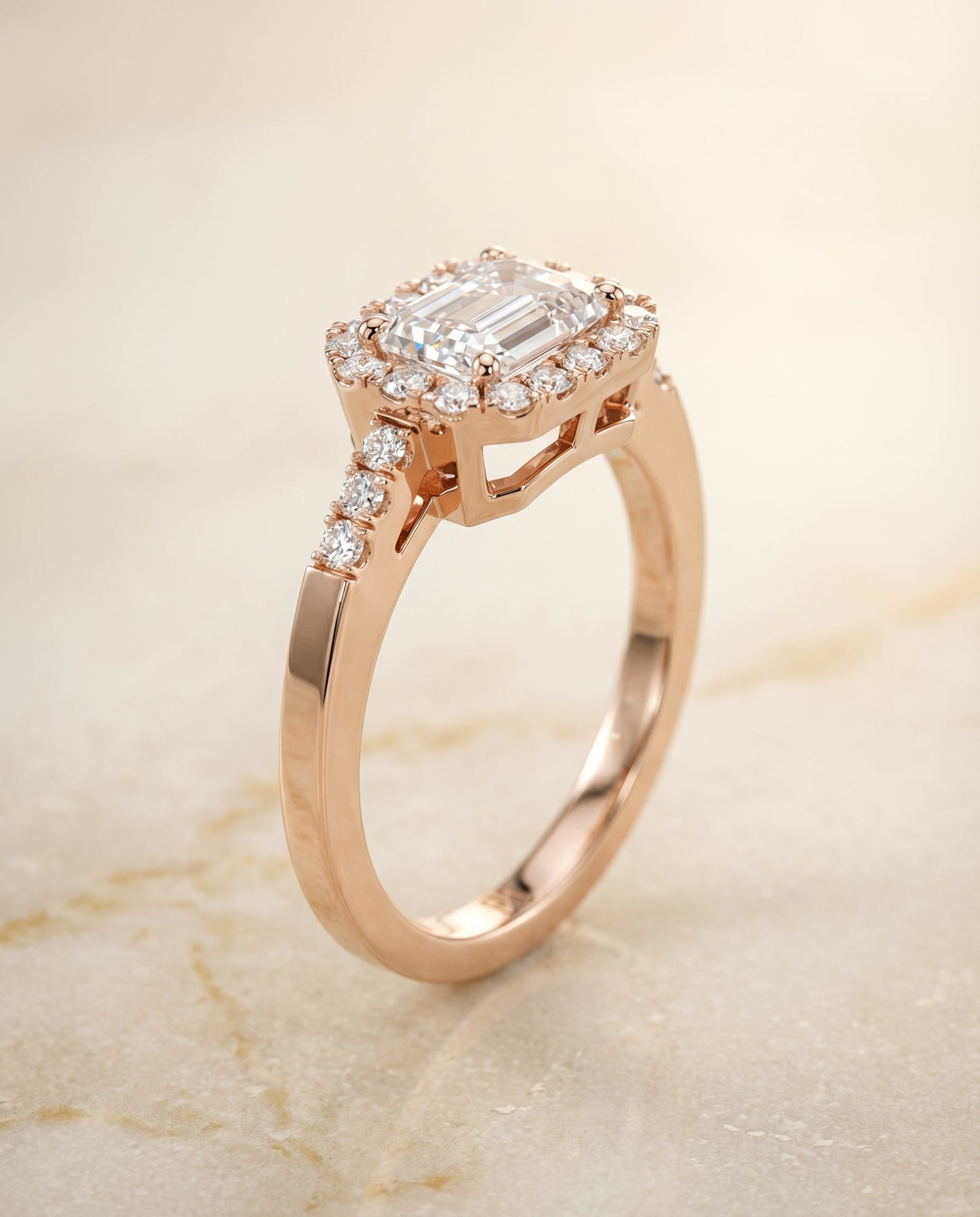 European Cut, East West Horizontal Halo Emerald, in 14K Rose Gold – front view | RockHer