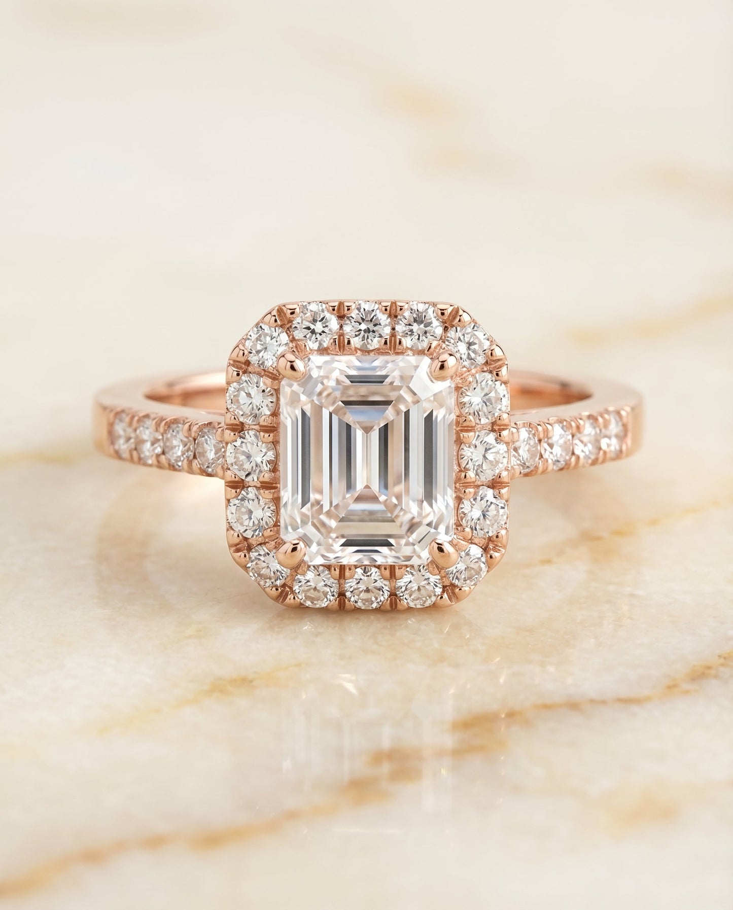 European Cut, East West Horizontal Halo Emerald, in 14K Rose Gold – side profile | RockHer