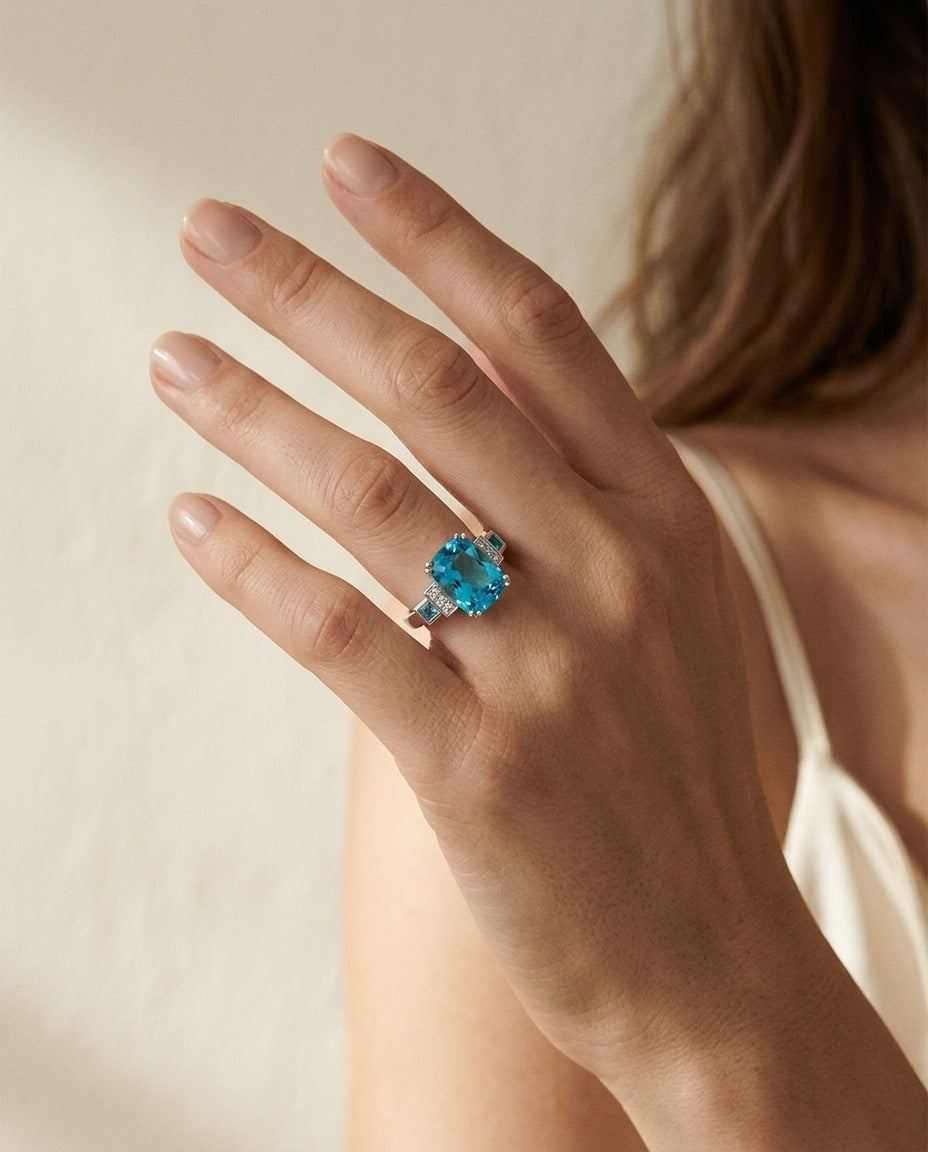 Swiss Blue Topaz and Diamond Step Ring 0.03ctw, in 14K Yellow Gold | RockHer