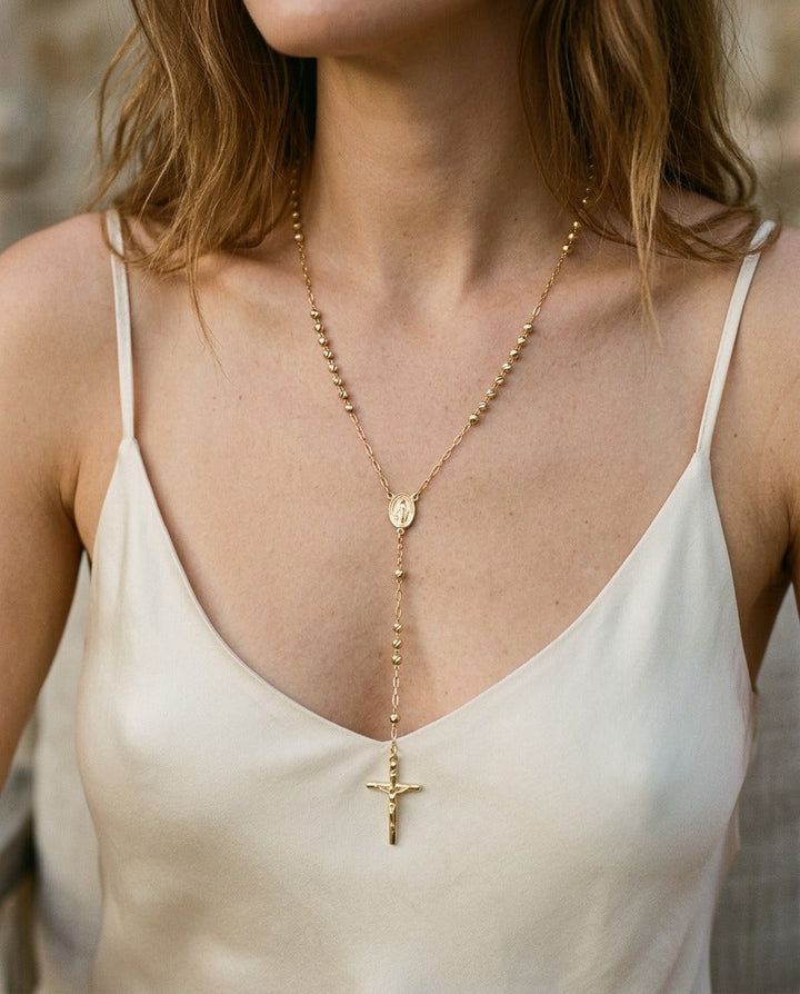 14K Yellow Gold Beaded Station Chain with Cross, 26 Inch – on chain | RockHer
