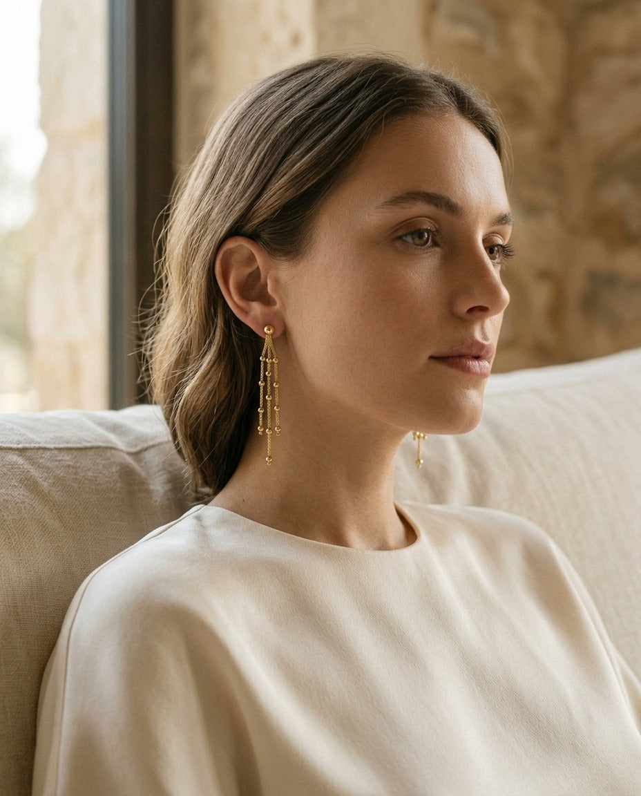 14K Yellow Gold Multi-Strand Beaded Drop Earrings | RockHer