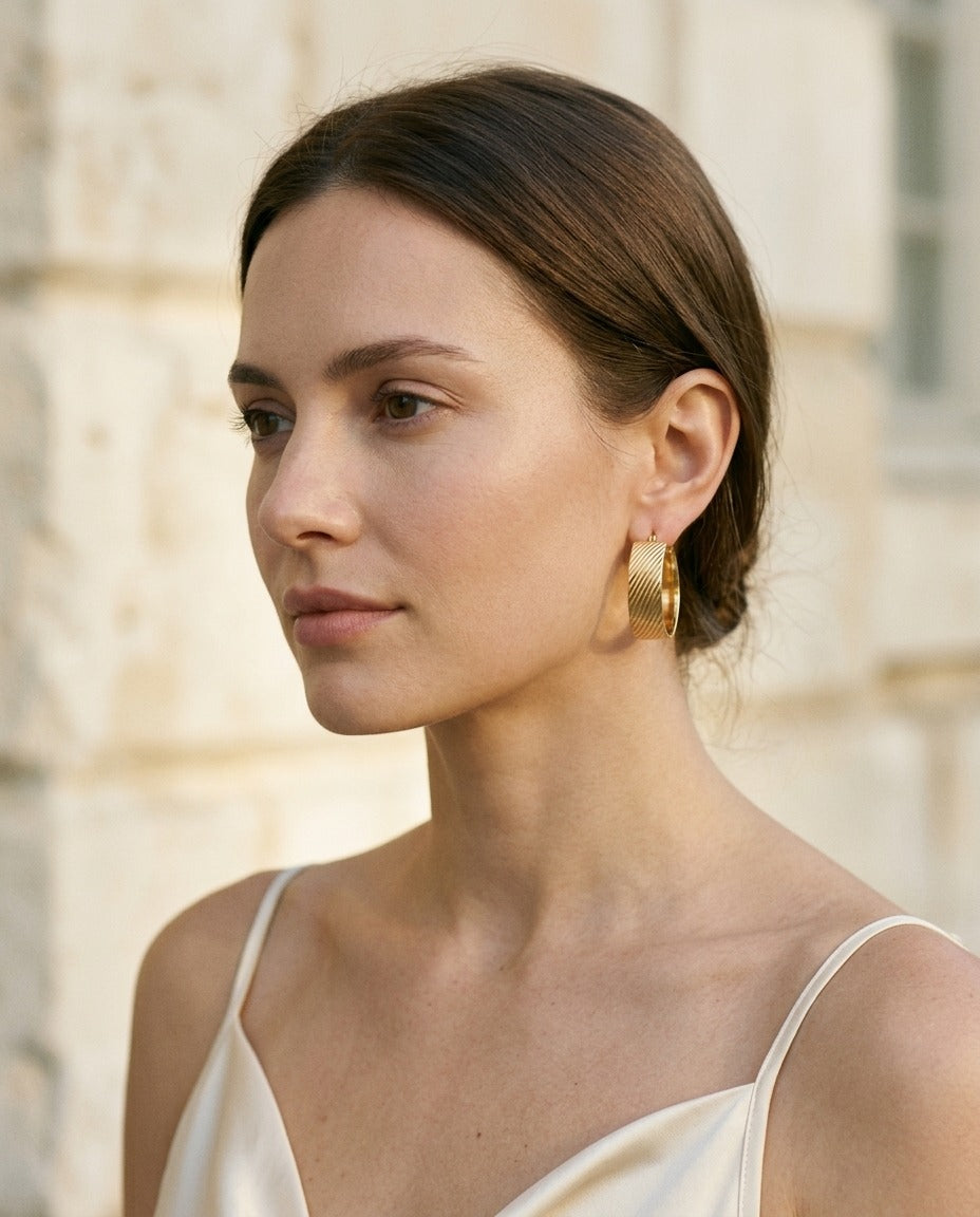 14K Yellow Gold Striped Hoop Earrings | RockHer