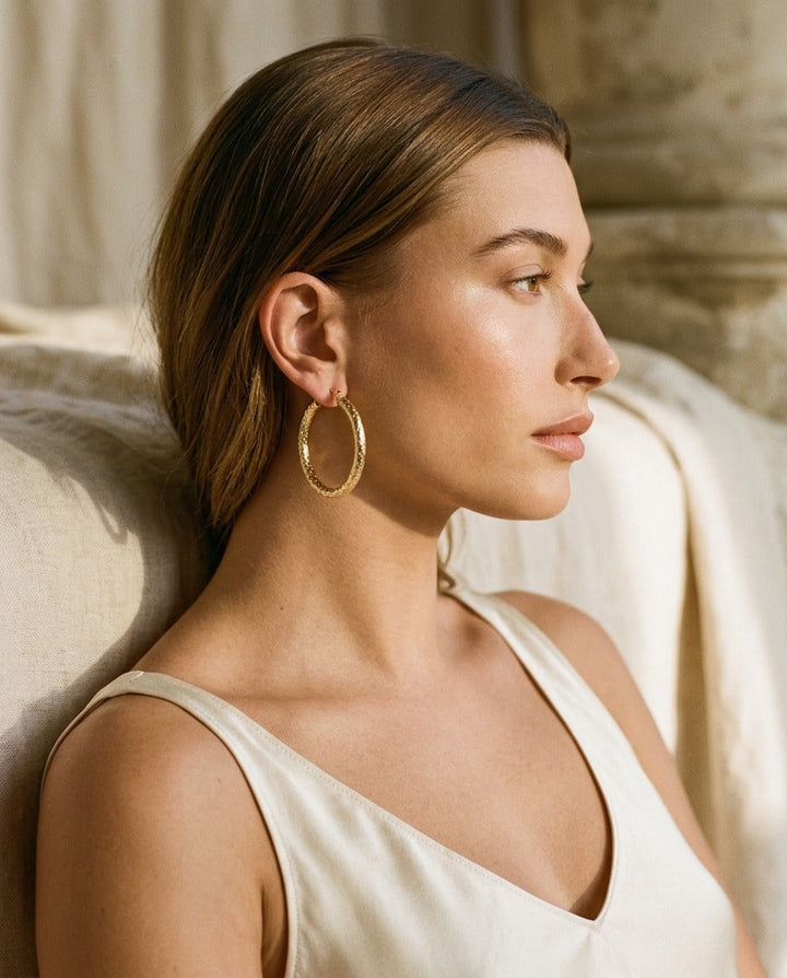 14K Yellow Gold Textured Hoop Earrings | RockHer
