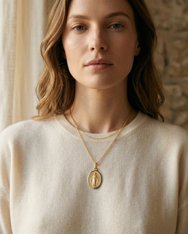 14K Yellow Gold Oval Virgin Mary Medal Necklace, 17 Inch | RockHer