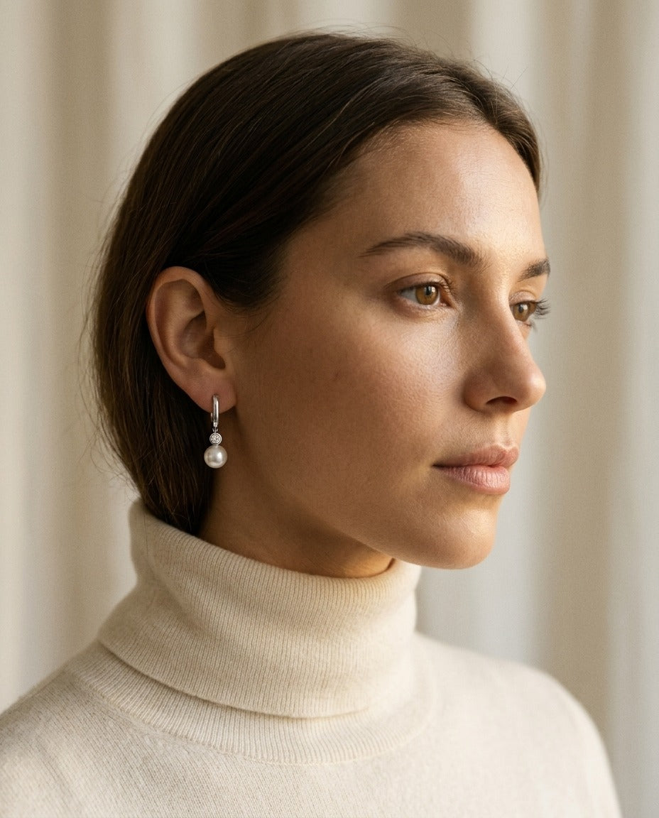 Akoya Pearl and Bezel Diamond Earrings in 14k White Gold 0.20ctw | RockHer