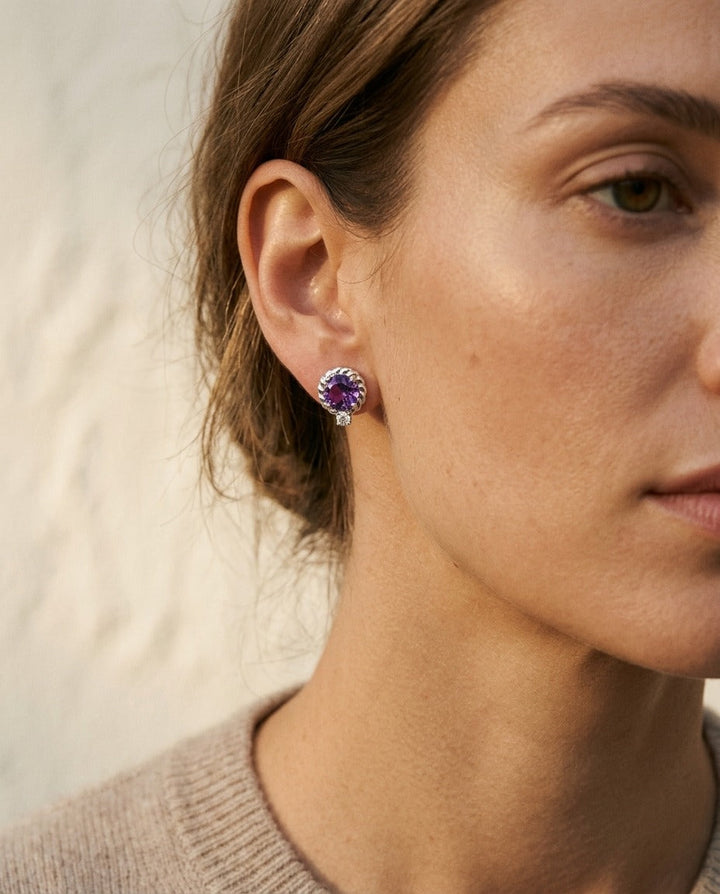 Amethyst and Diamond Ripple Edge Halo Stud Earrings in 14k White Gold 0.19ctw | RockHer