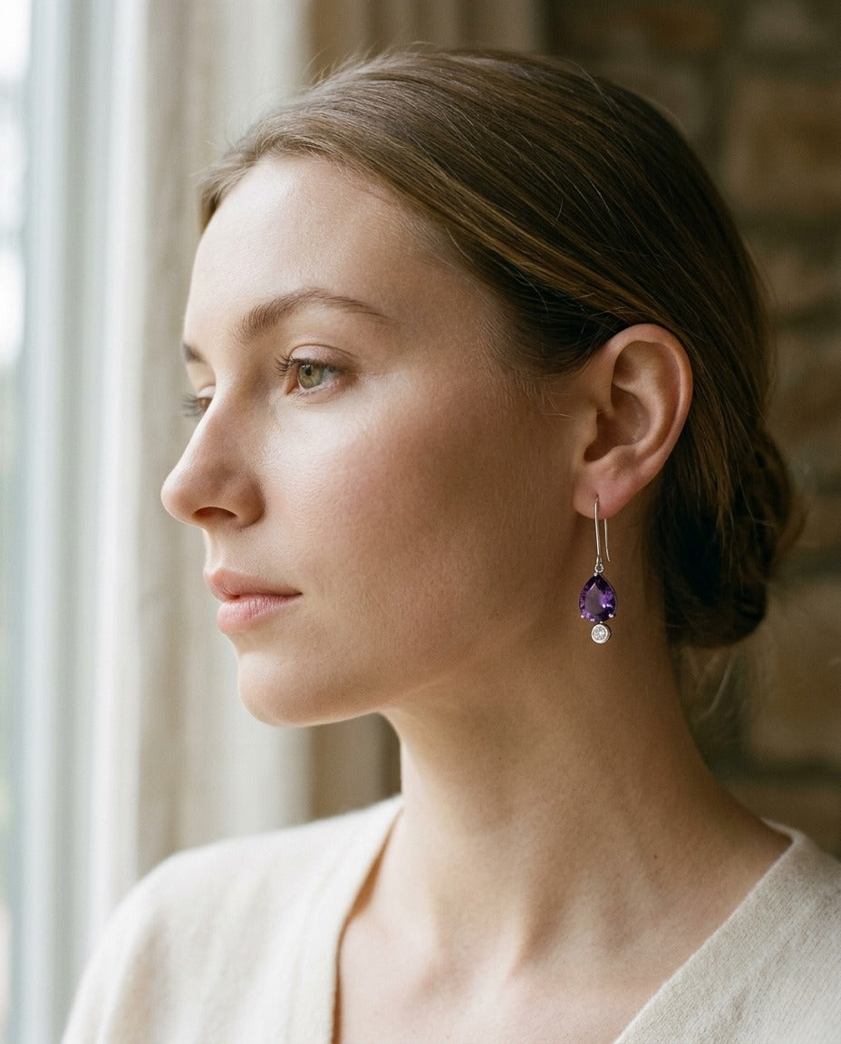 Amethyst and Bezel Diamond Teardrop Leverback Earrings in 14k White Gold 0.12ctw – back view | RockHer