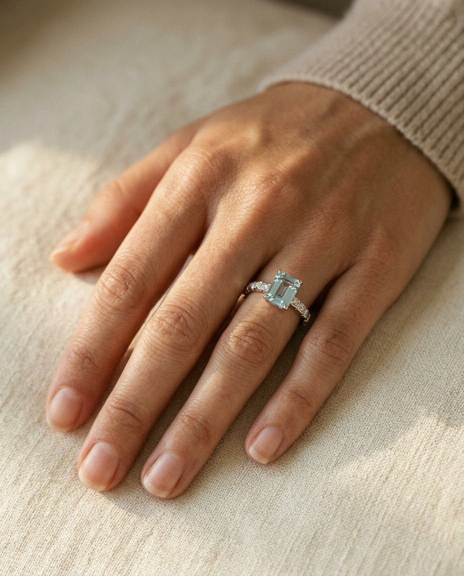 Aquamarine and Diamond Corrugated Shank Ring, in 14K White Gold | RockHer