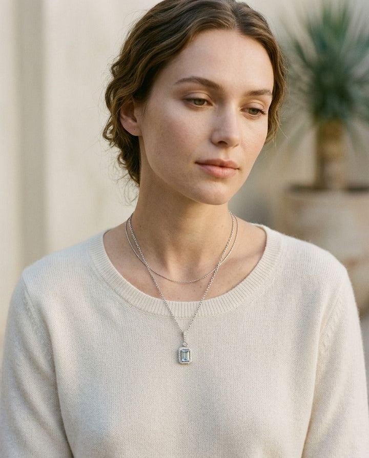 Aquamarine Emerald Cut Halo Pendant in 14k White Gold 0.15ctw | RockHer