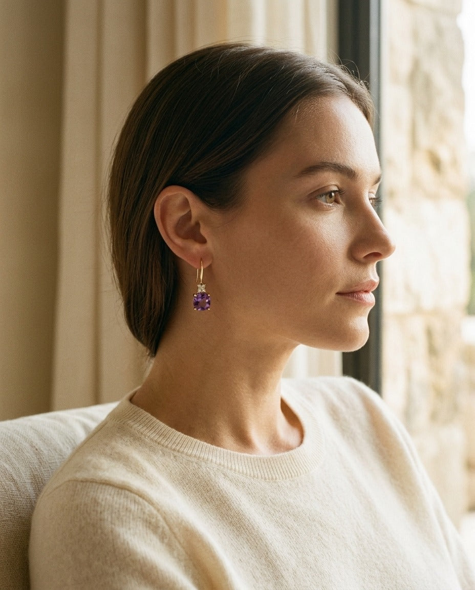 Cushion Amethyst and Diamond Leverback Earrings in 14k Yellow Gold 0.16ctw – back view | RockHer