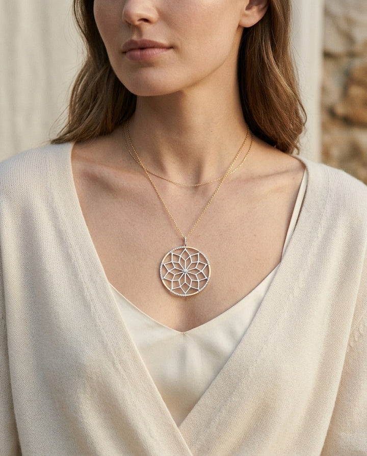 Diamond Snowflake Pendant With Circular Frame in 14k Yellow Gold 0.30ctw, 16-18 Inch Adjustable Rolo Chain – on chain | RockHer